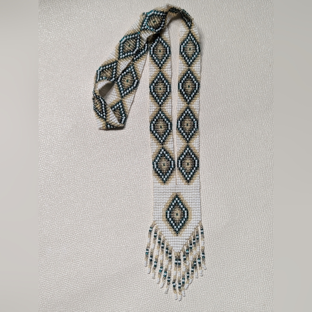 Beaded Geometric Pattern Scarf Accessory Neck Tie Necklace Novajo Handmade